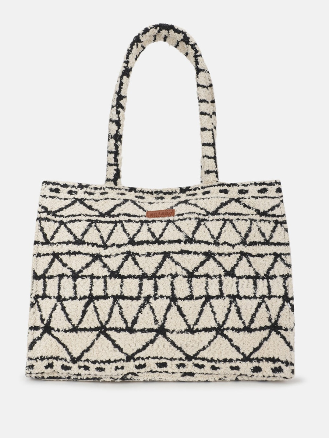 

Maisha Self Design Monochrome Structured Fuzz Tote Bag, Black