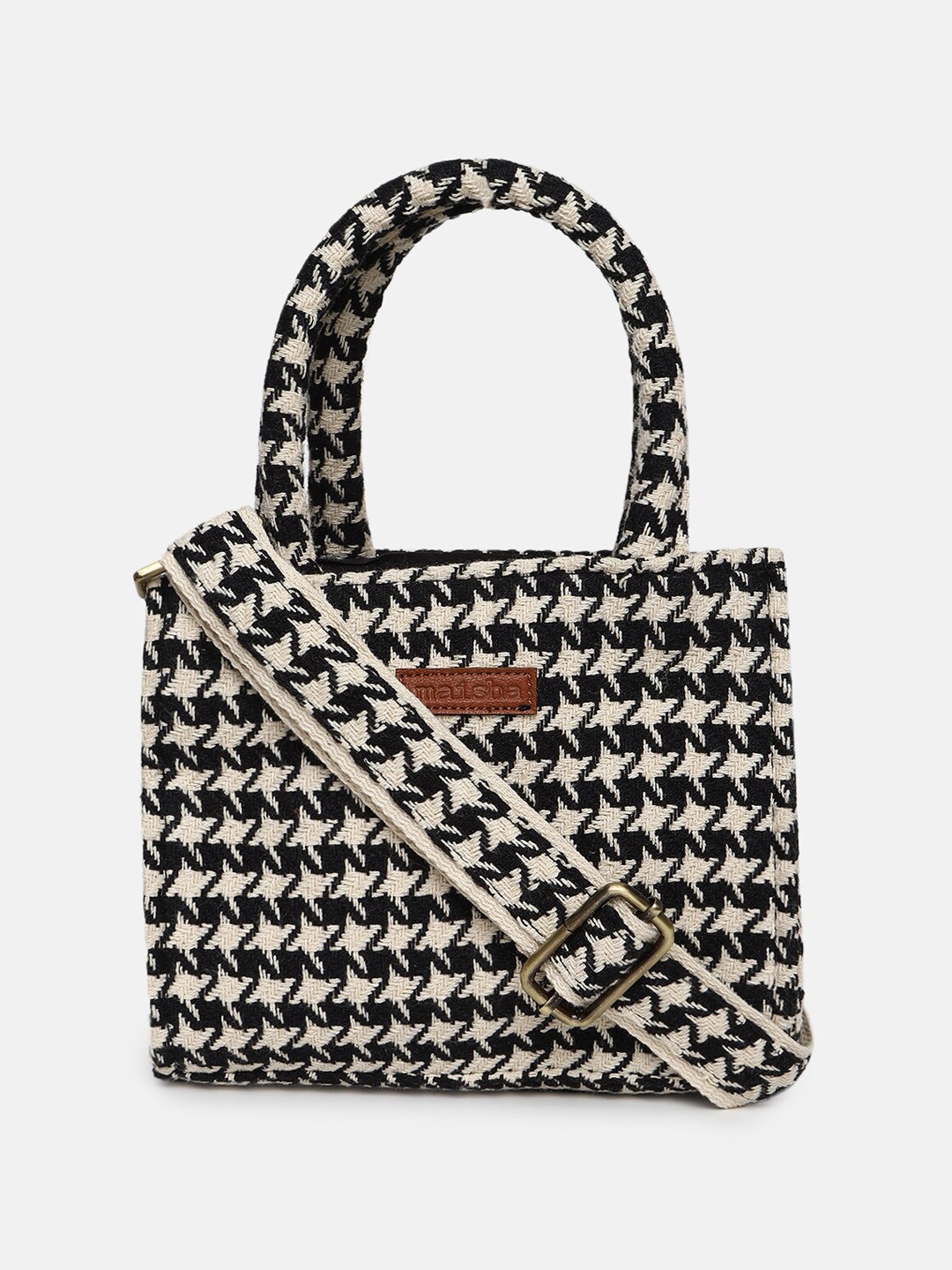 

Maisha Geometric Self Design Shopper Fabric Tote Bag, Black