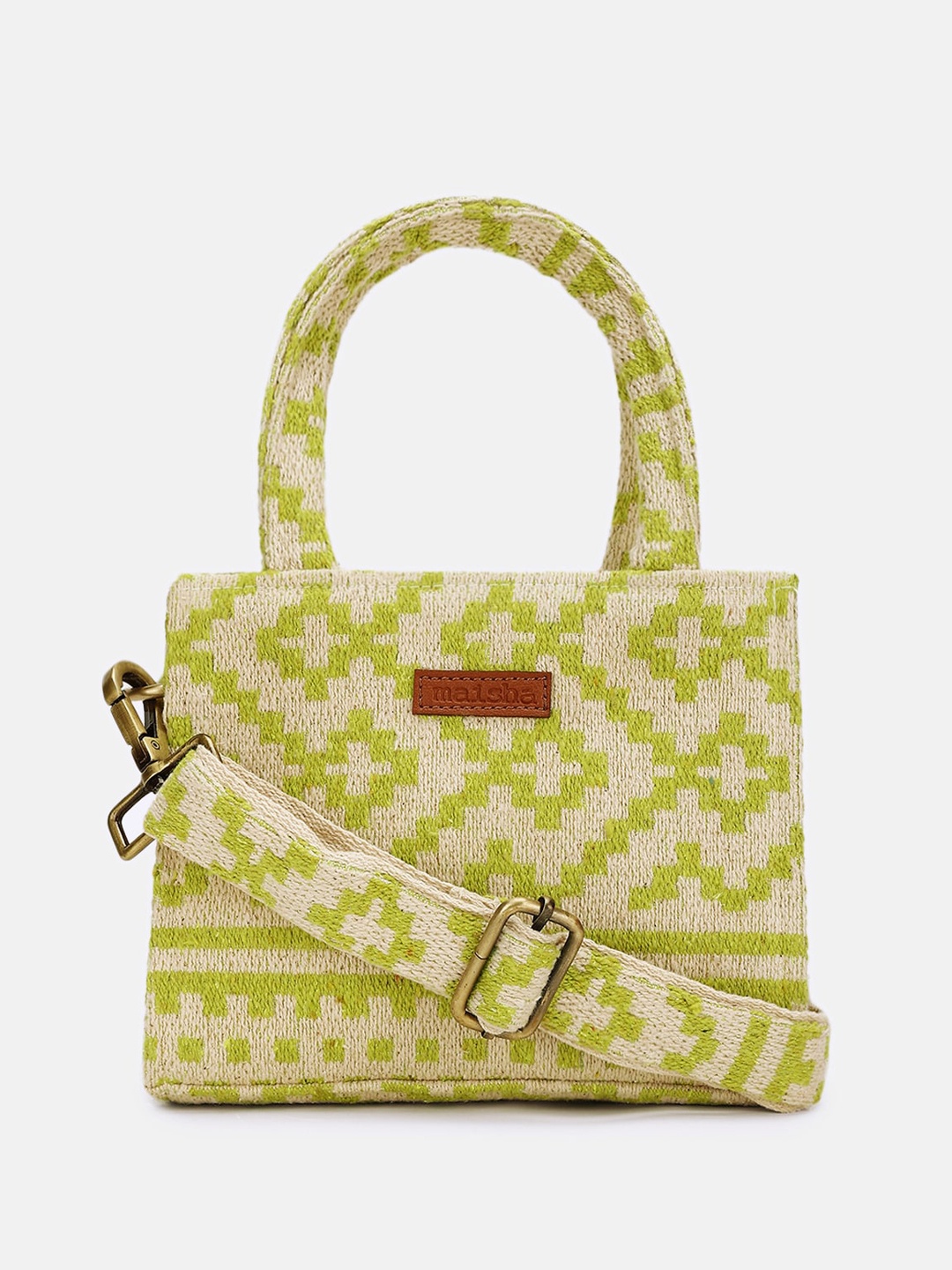 Maisha Geometric Printed Fabric Structured Handheld Bag, Beige