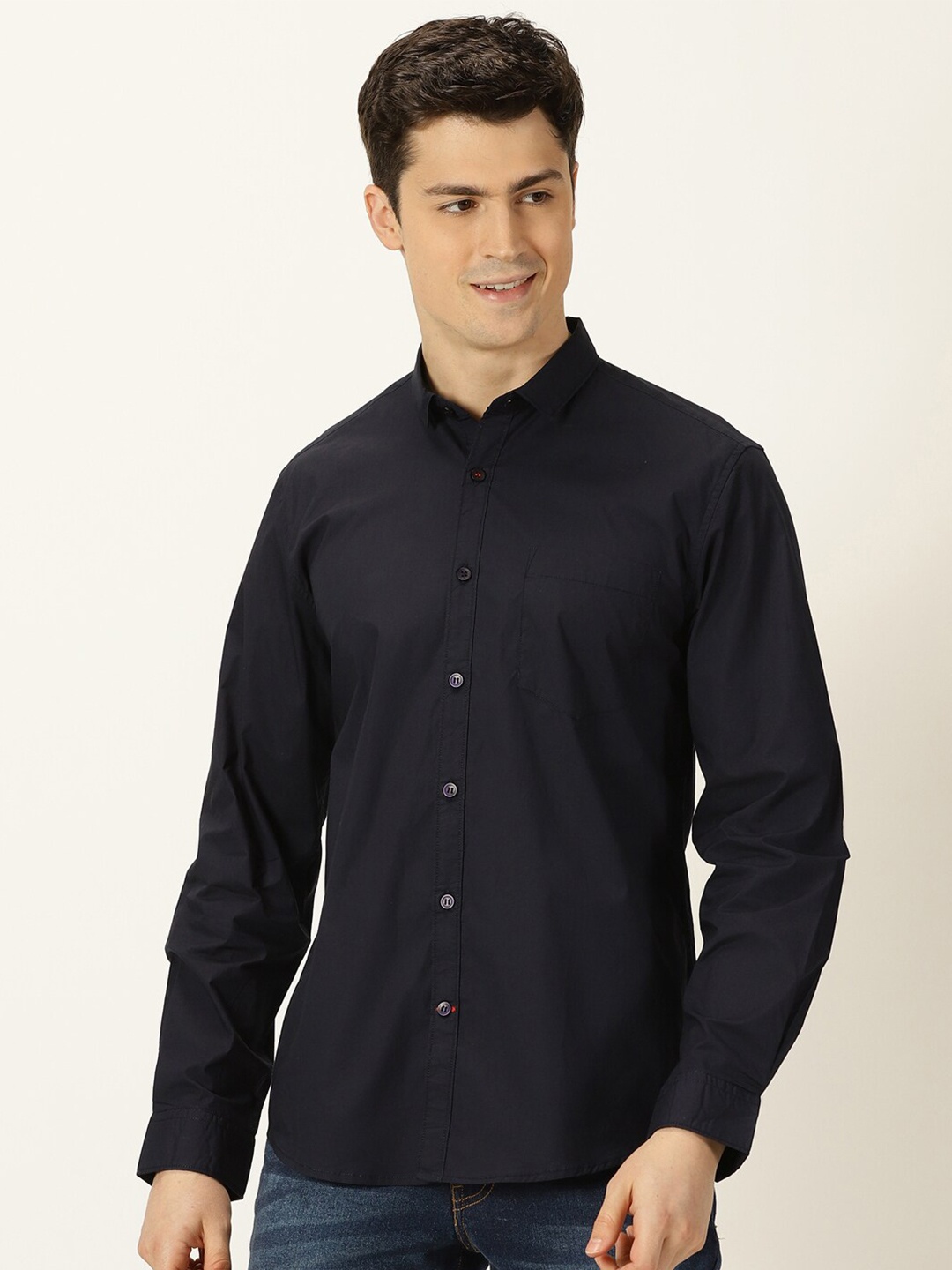 

Mast & Harbour Navy Blue Classic Slim Fit Casual Shirt