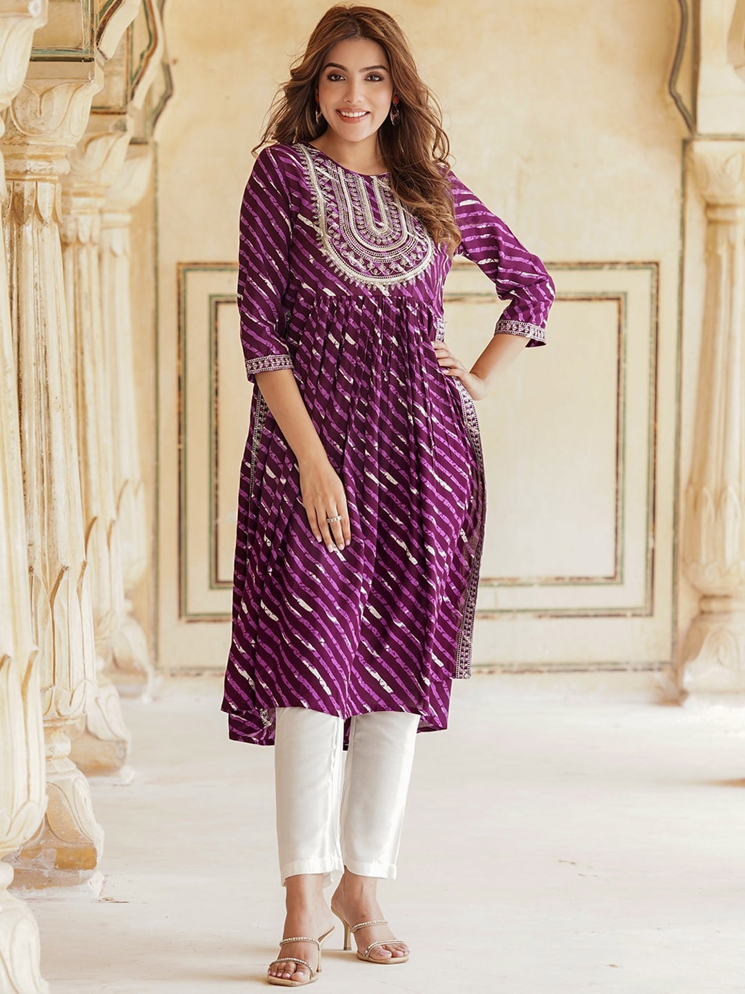 

KALINI Leheriya Printed Pleated Thread Work Kurta With Trousers, Purple