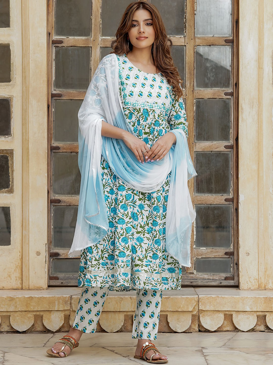 

KALINI Floral Printed Mirro Work Pure Cotton Kurta with Trousers & Dupatta, Blue