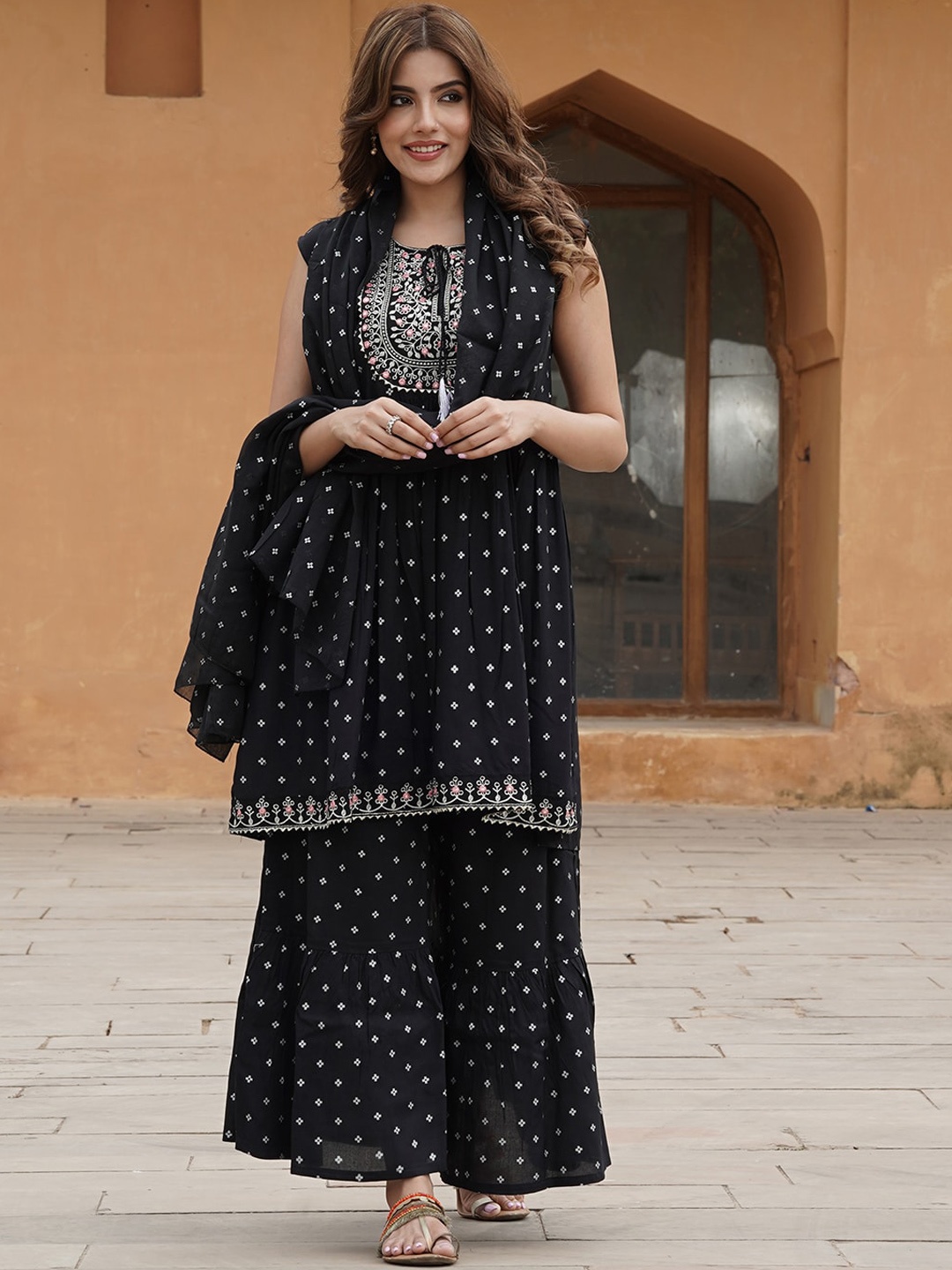 

KALINI Ethnic Motifs Embroidered Regular Thread Work Kurta with Sharara & With Dupatta, Black