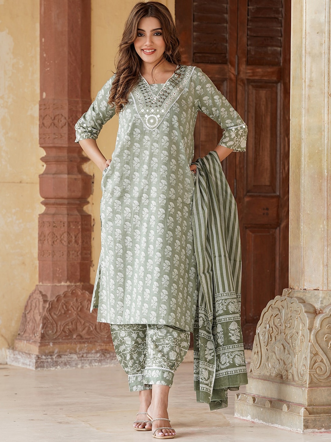 

KALINI Floral Printed Mirror Work Pure Cotton Kurta With Salwar & Dupatta, Green