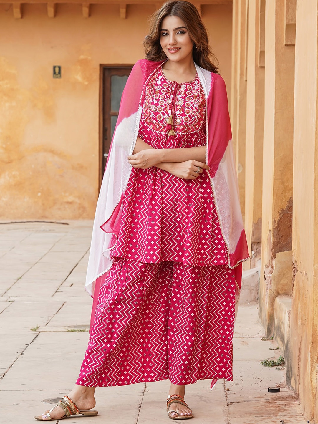 

KALINI Bandhani Embroidered Regular Thread Work Kurta with Sharara & Dupatta, Pink