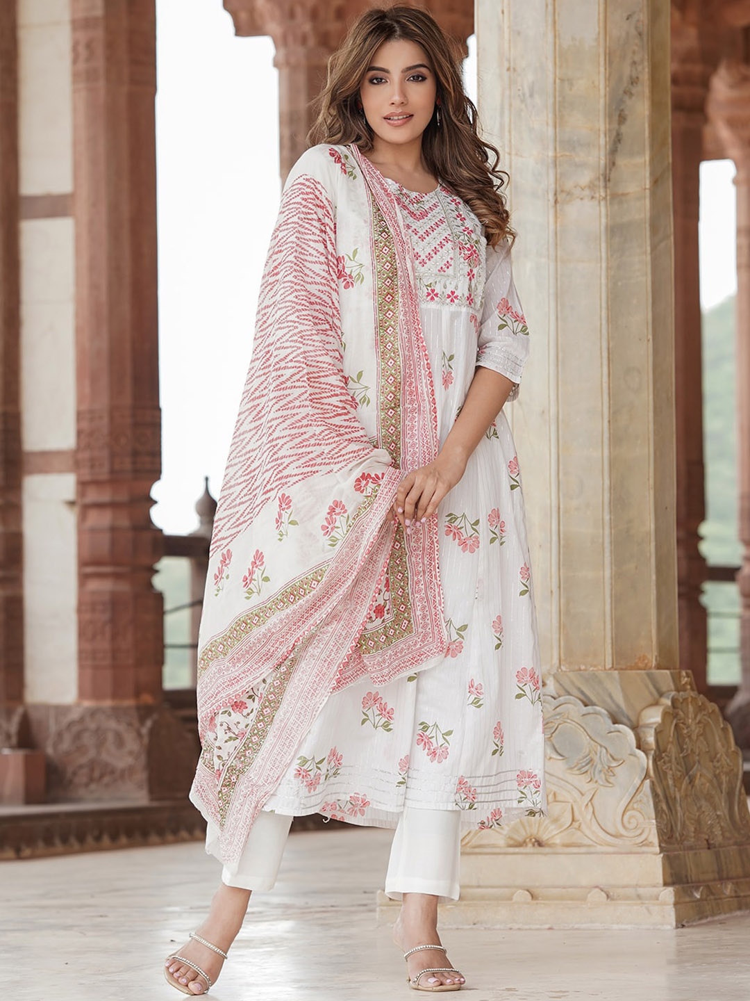 

KALINI Ethnic Motifs Printed Empire Thread Work Pure Cotton Kurta & Trousers With Dupatta, White