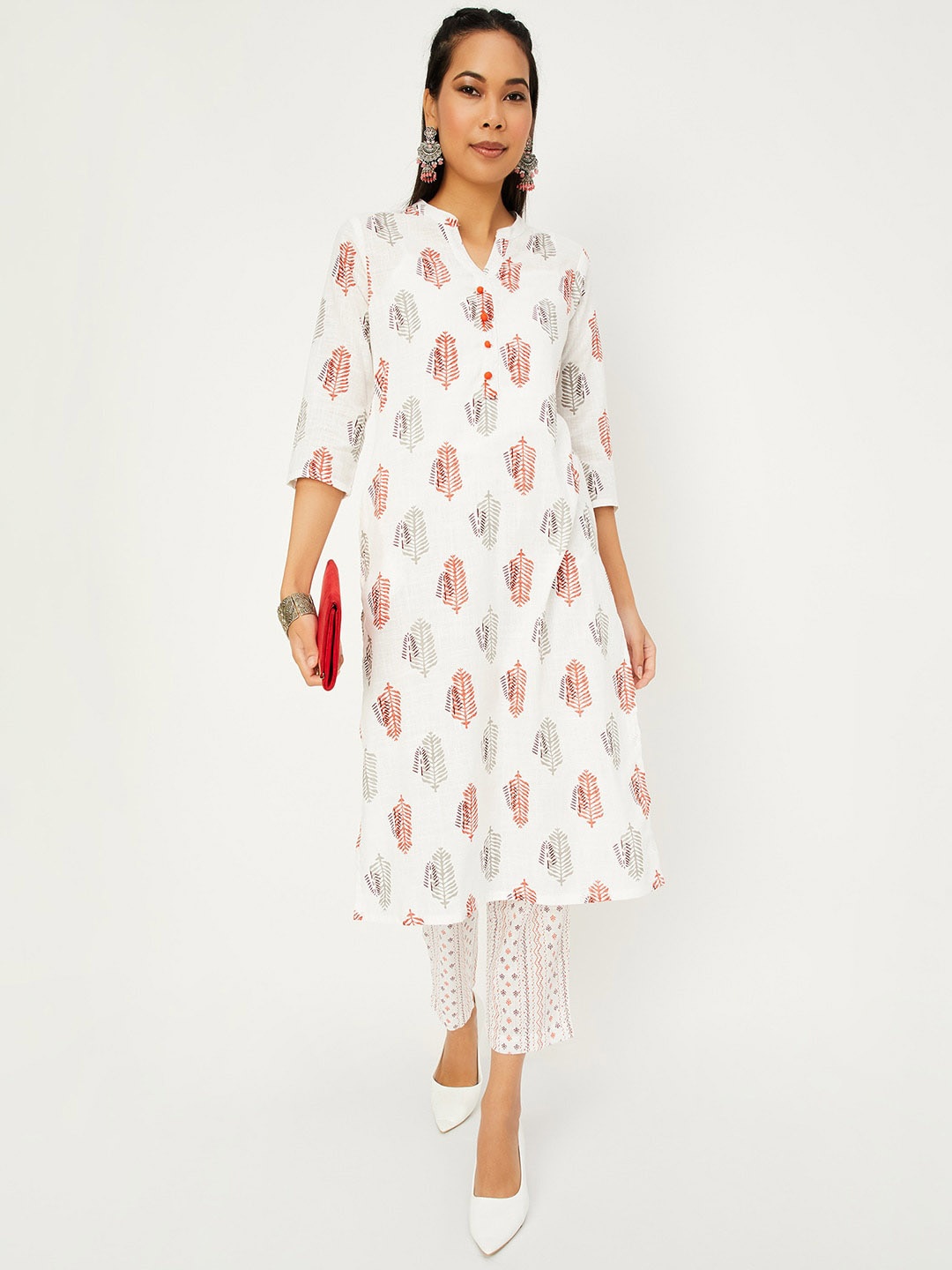 

max Ethnic Motifs Printed Mandarin Collar Regular Kurta With Trousers, Beige