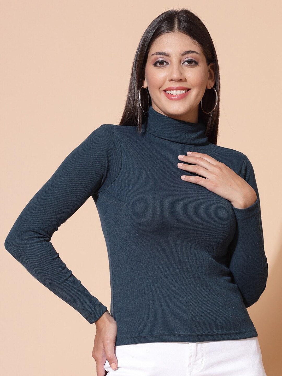 

HILL STREET Ribbed High Neck Cotton Top, Teal