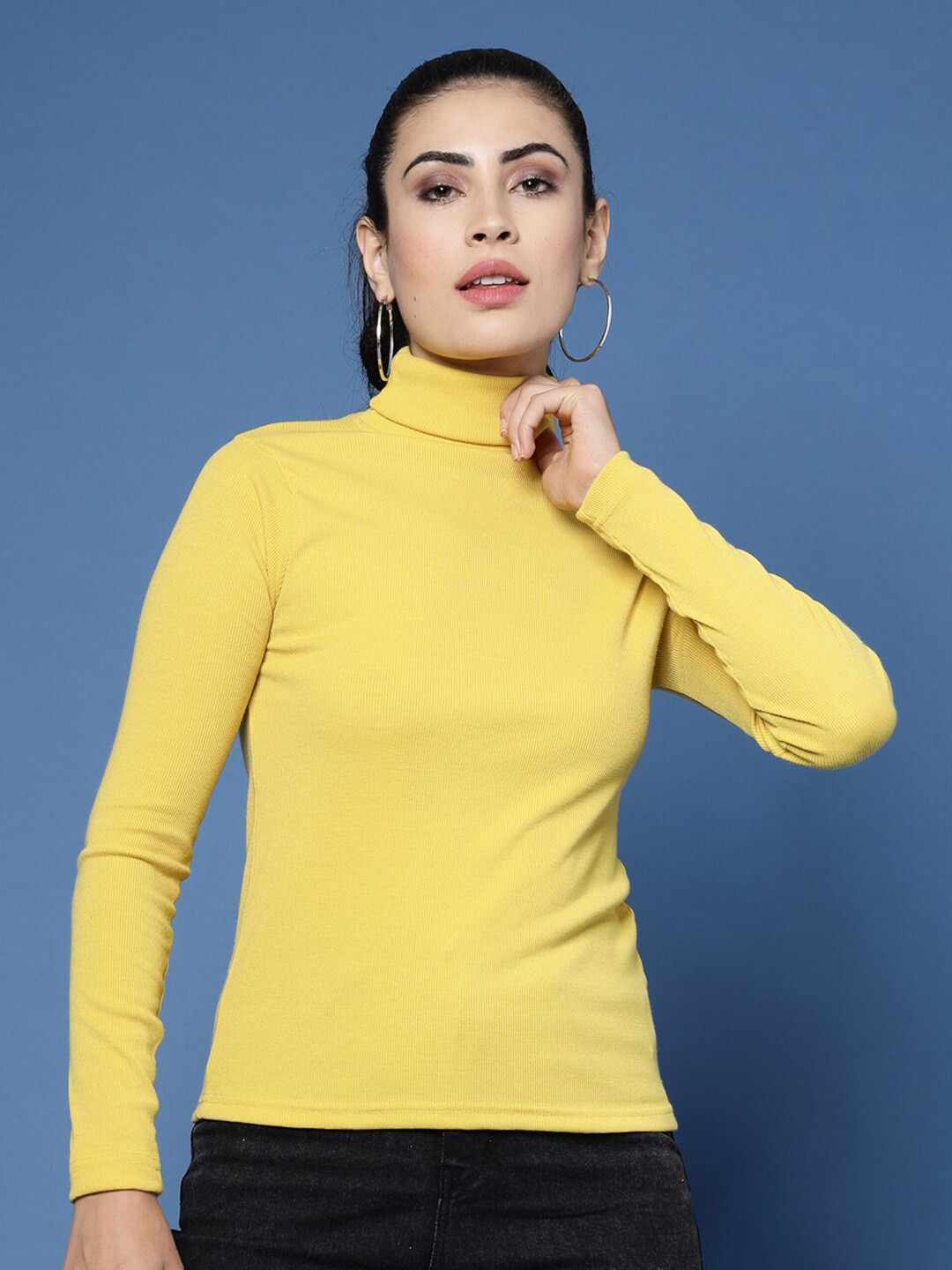 

HILL STREET Ribbed Turtle Neck Fitted Pure Cotton Top, Yellow