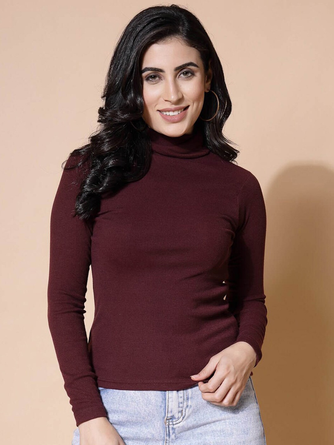 

BAESD Ribbed Turtle Neck Fitted Pure Cotton Top, Maroon