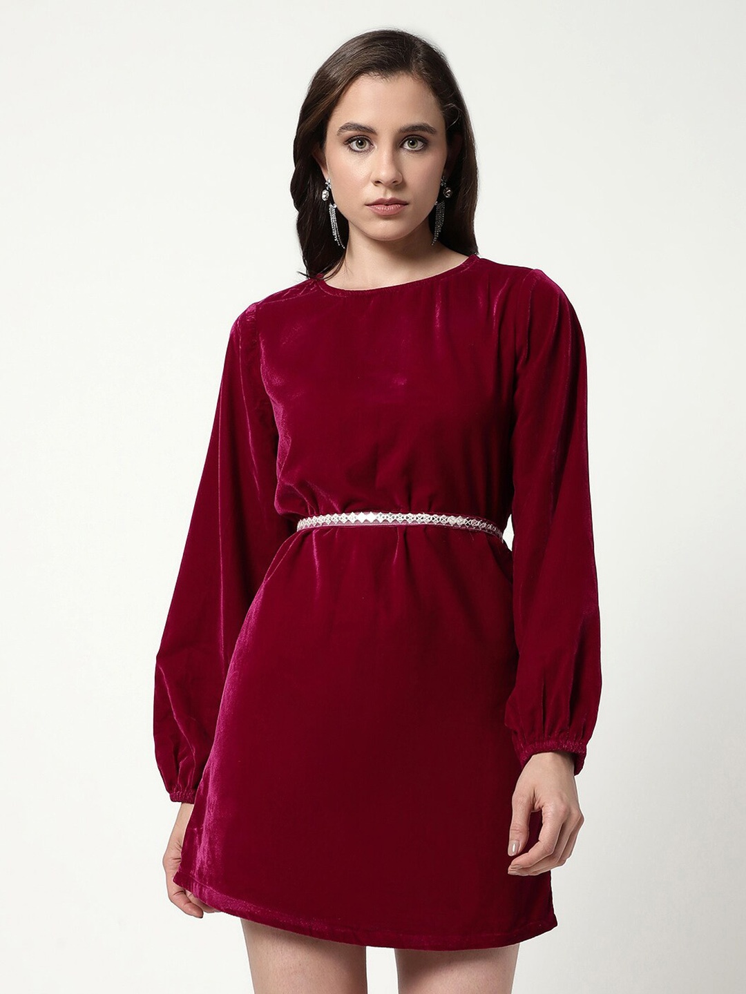 

Zima Leto Round Neck Belted A-Line Dress, Maroon