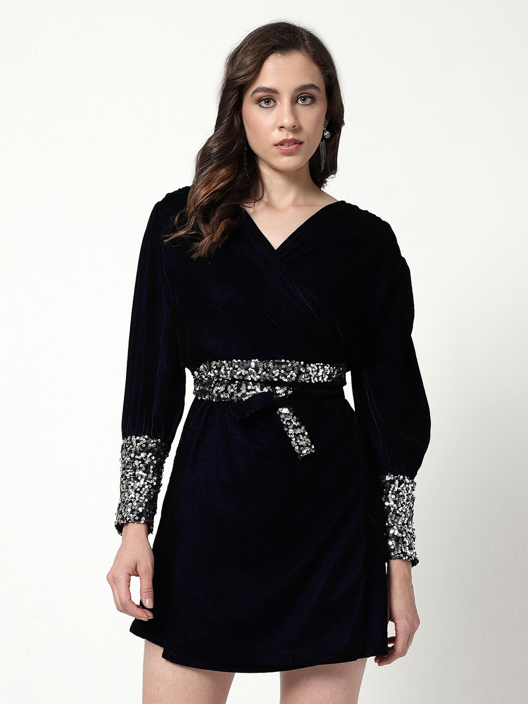

Zima Leto V-Neck Sequinned Belted Cuffed Sleeves Wrap Mini Dress, Navy blue