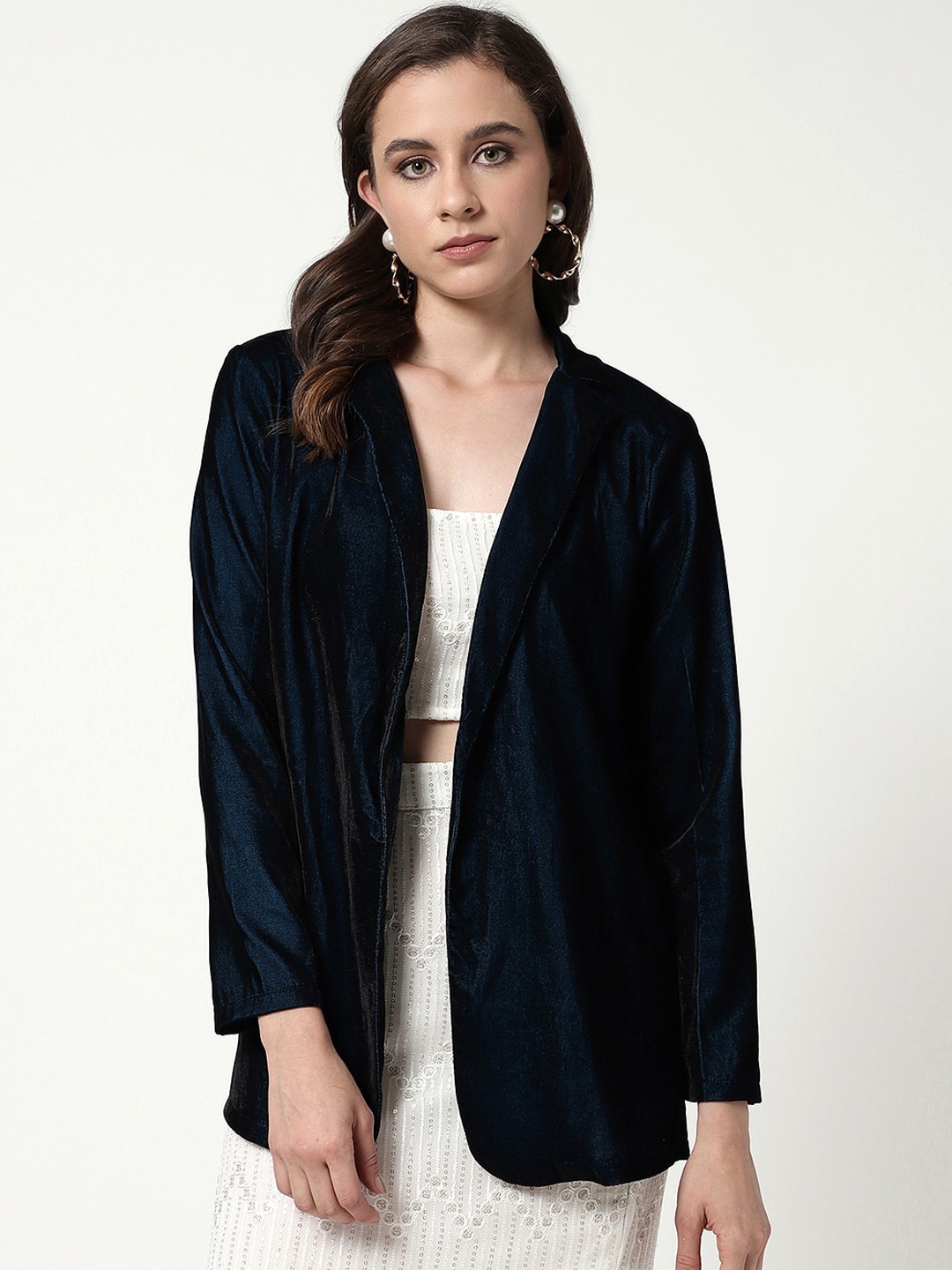 

Zima Leto Front Open Soft Velvet Blazer, Navy blue