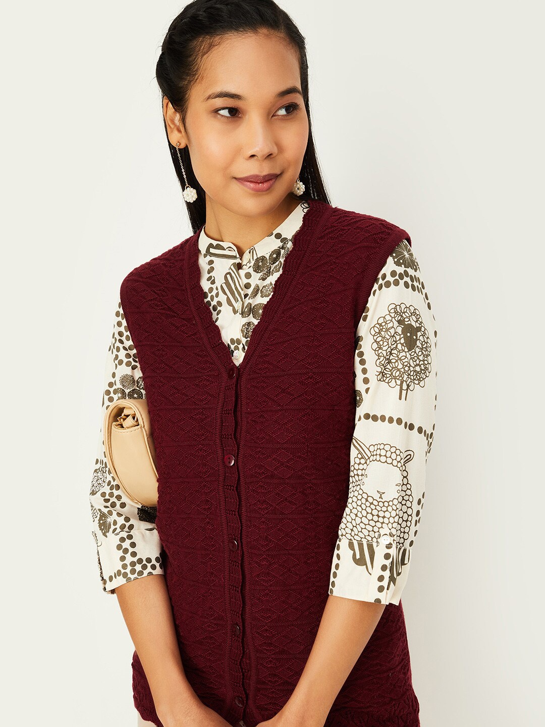 

max Self Design Sweater Vest, Maroon