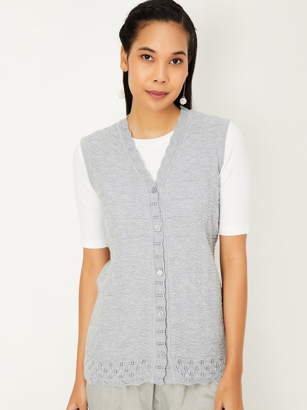 

max Self Design Sweater Vest, Grey