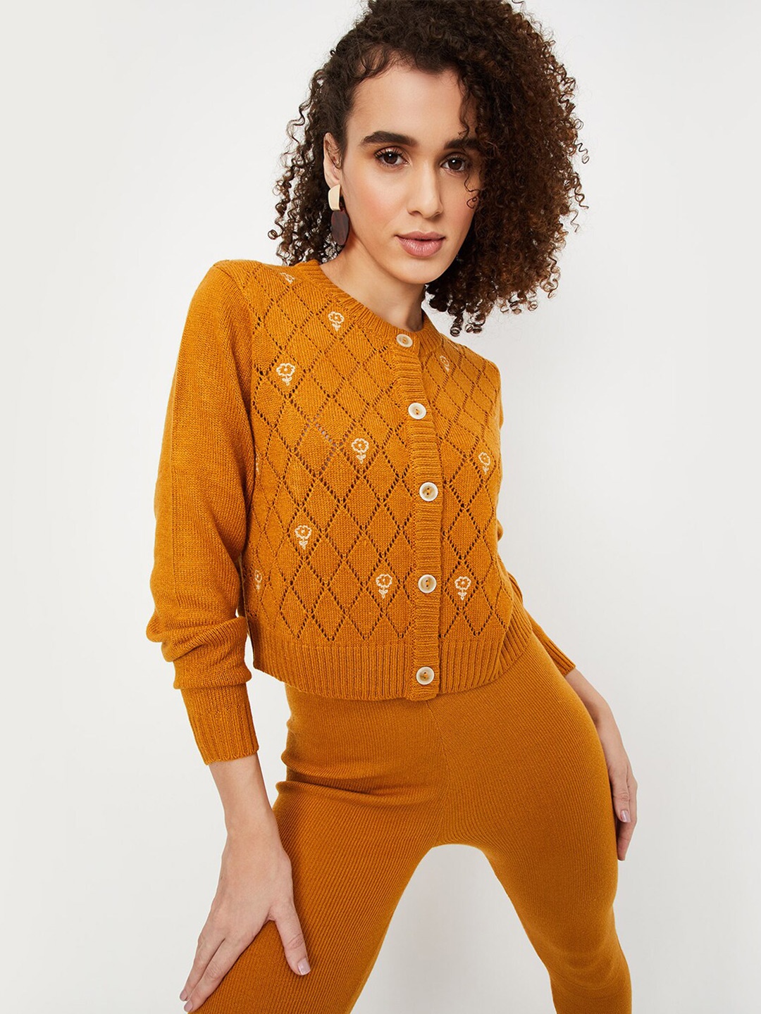 

max Self Design Cable Knit Crop Cardigan, Yellow