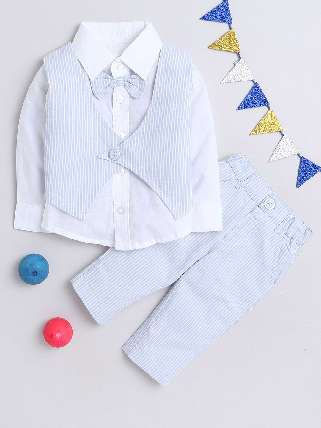 

MANET Boys Pure Cotton Striped Shirt With Trousers, Blue