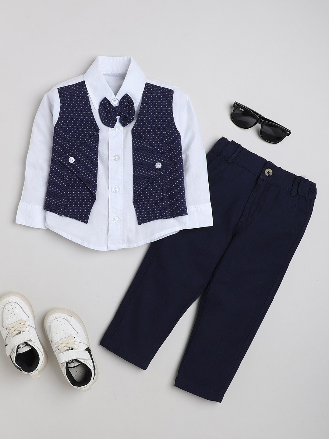 

MANET Boys Printed Pure Cotton Shirt With Trousers & Waistcoat, Navy blue