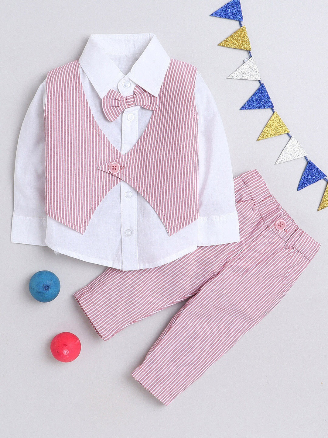 

MANET Boys Pure Cotton Striped Shirt with Trousers, Pink