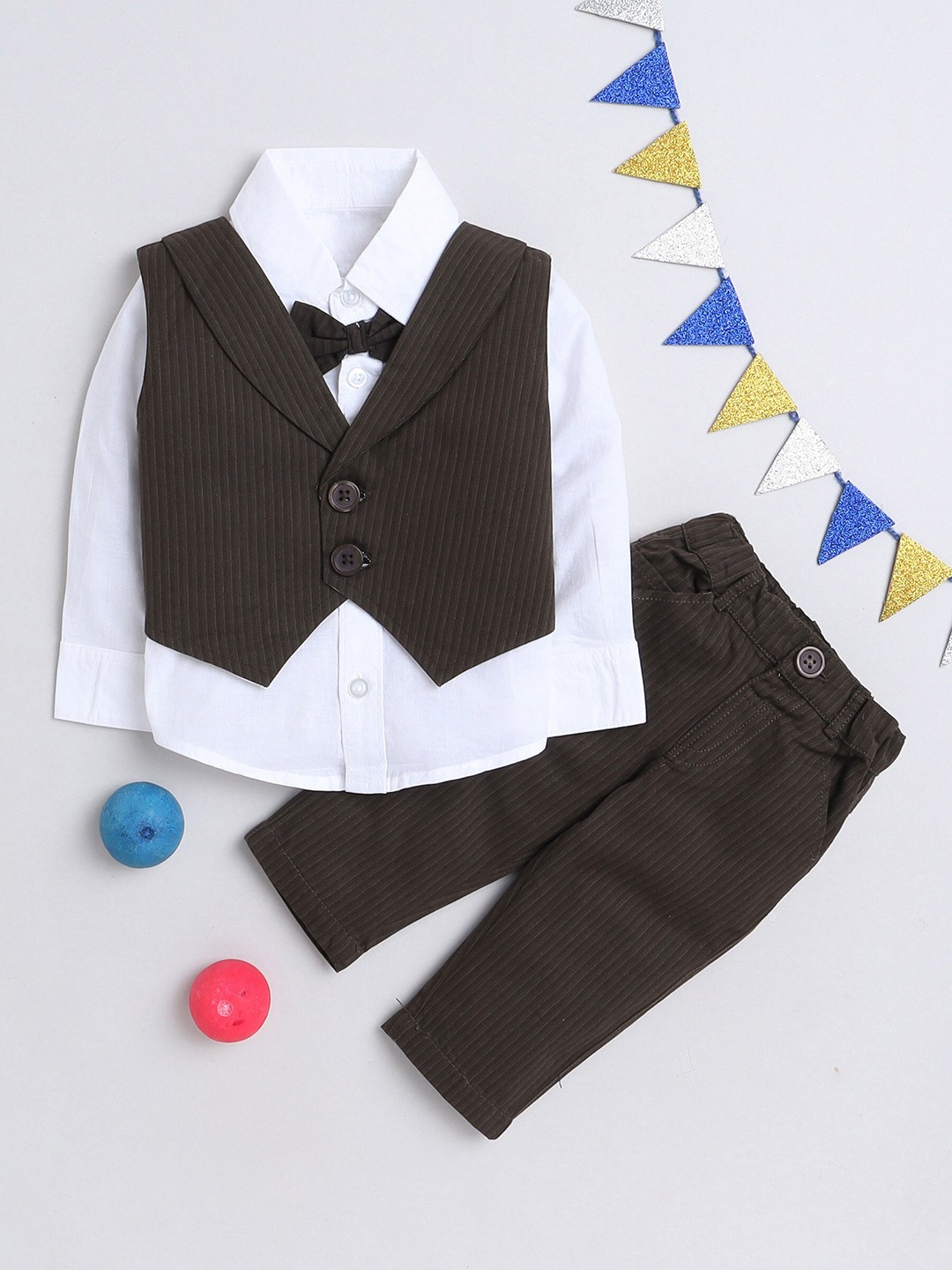 

MANET Boys Striped Pure Cotton Shirt With Trousers & Waistcoat, White