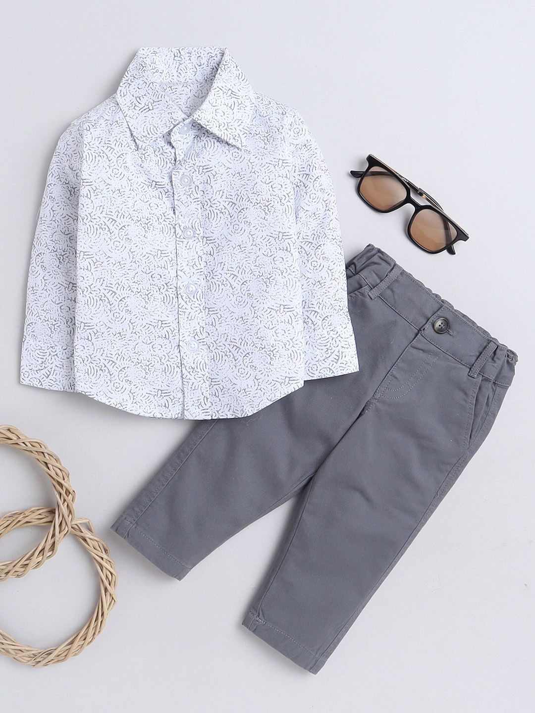 

MANET Boys Printed Pure Cotton Shirt With Trousers, White