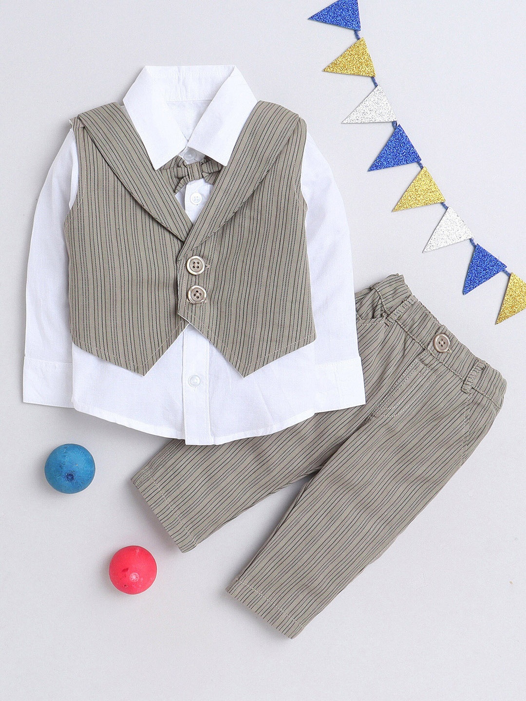 

MANET Boys Striped Shirt Collar Pure Cotton Shirt & Trousers With Waistcoat, Beige
