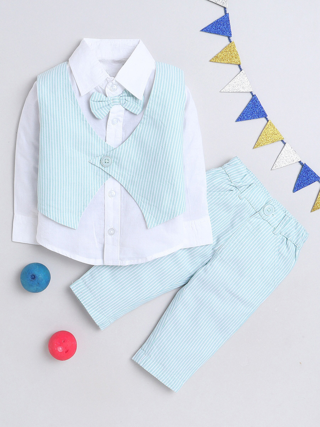 

MANET Boys Striped Shirt Collar Pure Cotton Shirt & Trousers With Waistcoat, Blue