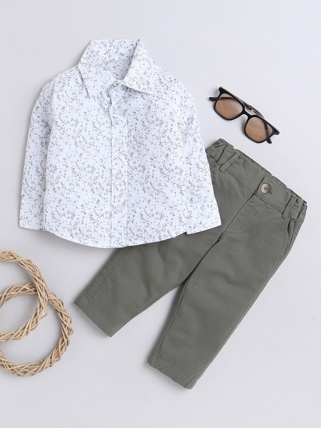 

MANET Boys Floral Printed Pure Cotton Shirt With Trousers, Olive