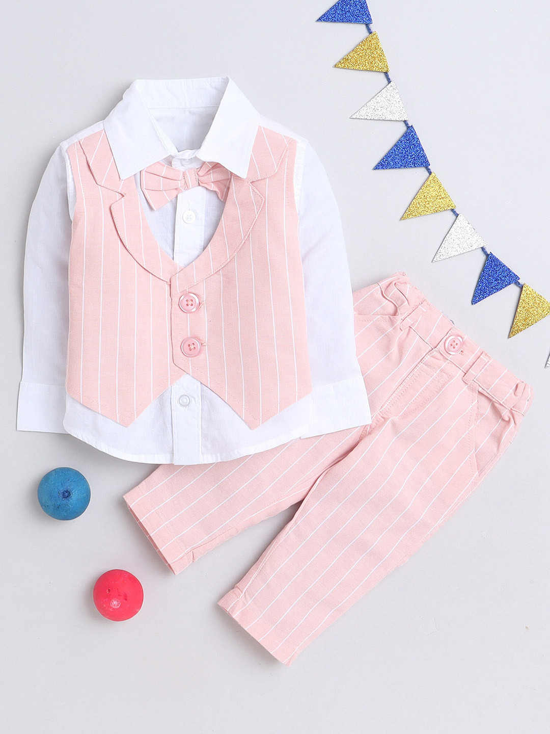 

MANET Boys Pure Cotton Striped Shirt with Trousers, Peach