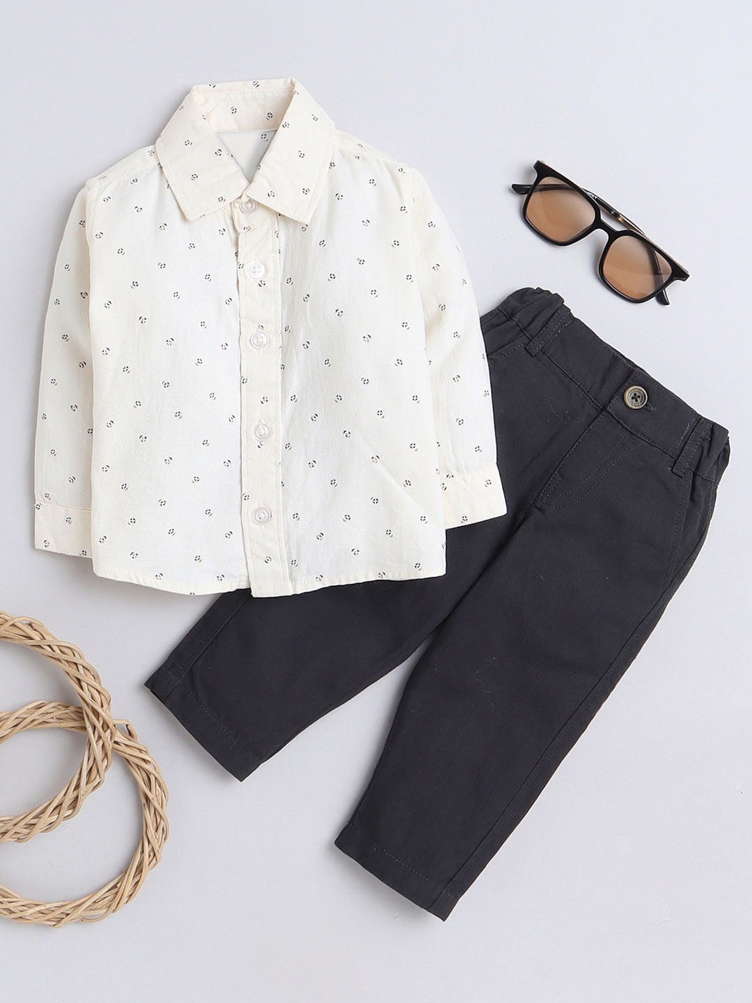 

MANET Boys Printed Shirt Collar Pure Cotton Shirt With Trousers, Cream