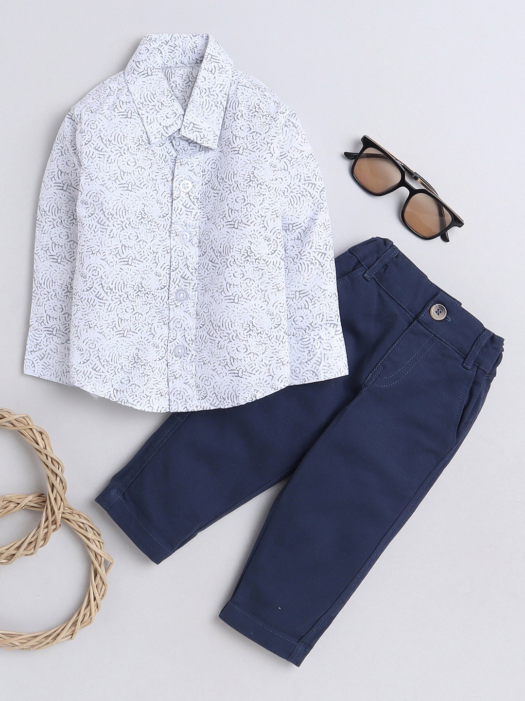 

MANET Boys Printed Pure Cotton Shirt With Trousers, White