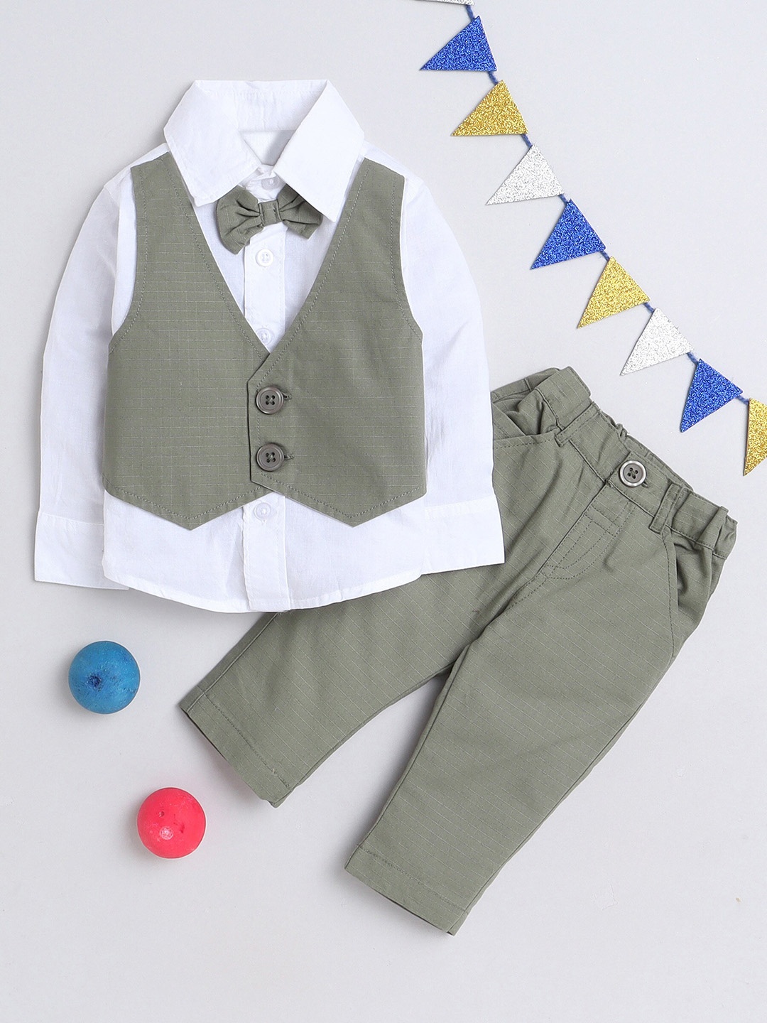 

MANET Boys Pure Cotton Checked Shirt With Trousers, Green