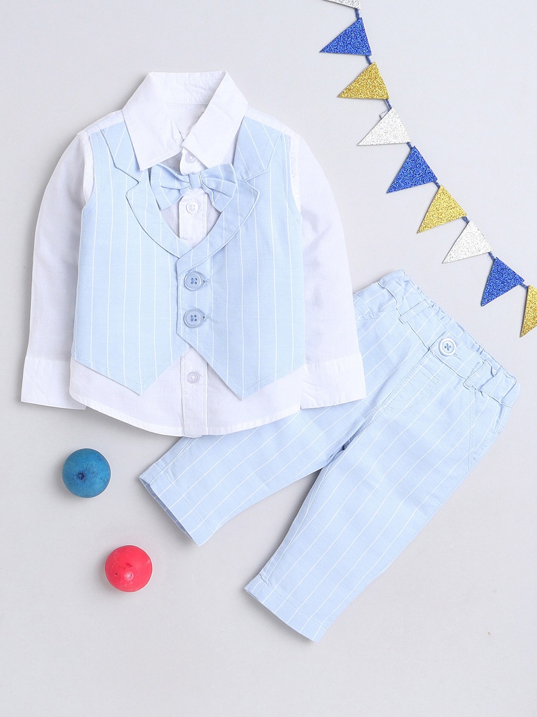 

MANET Boys Striped Shirt Collar Pure Cotton Shirt & Trousers With Waistcoat, Blue
