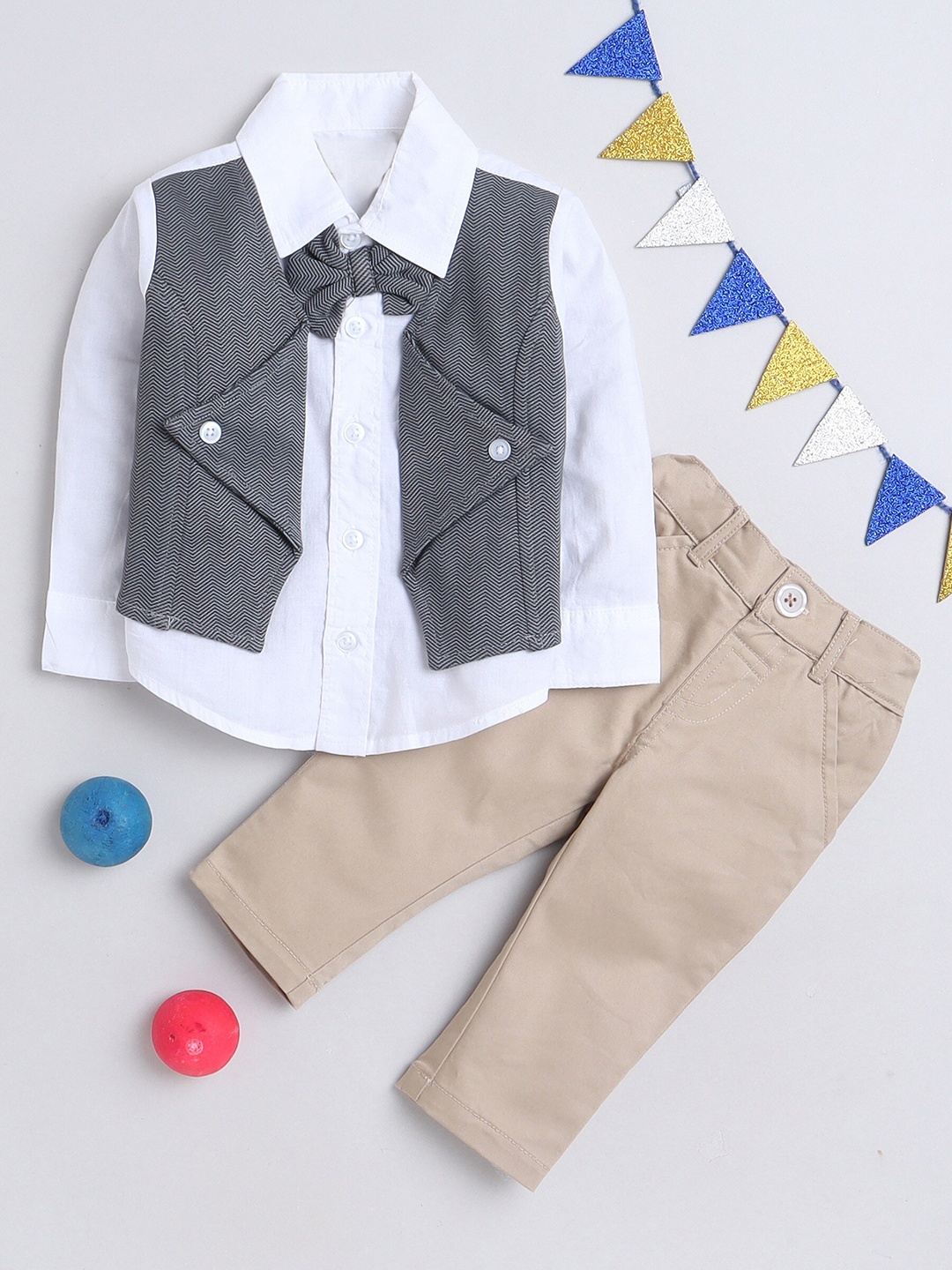 

MANET Boys Pure Cotton Shirt With Trousers & Waistcoat, White