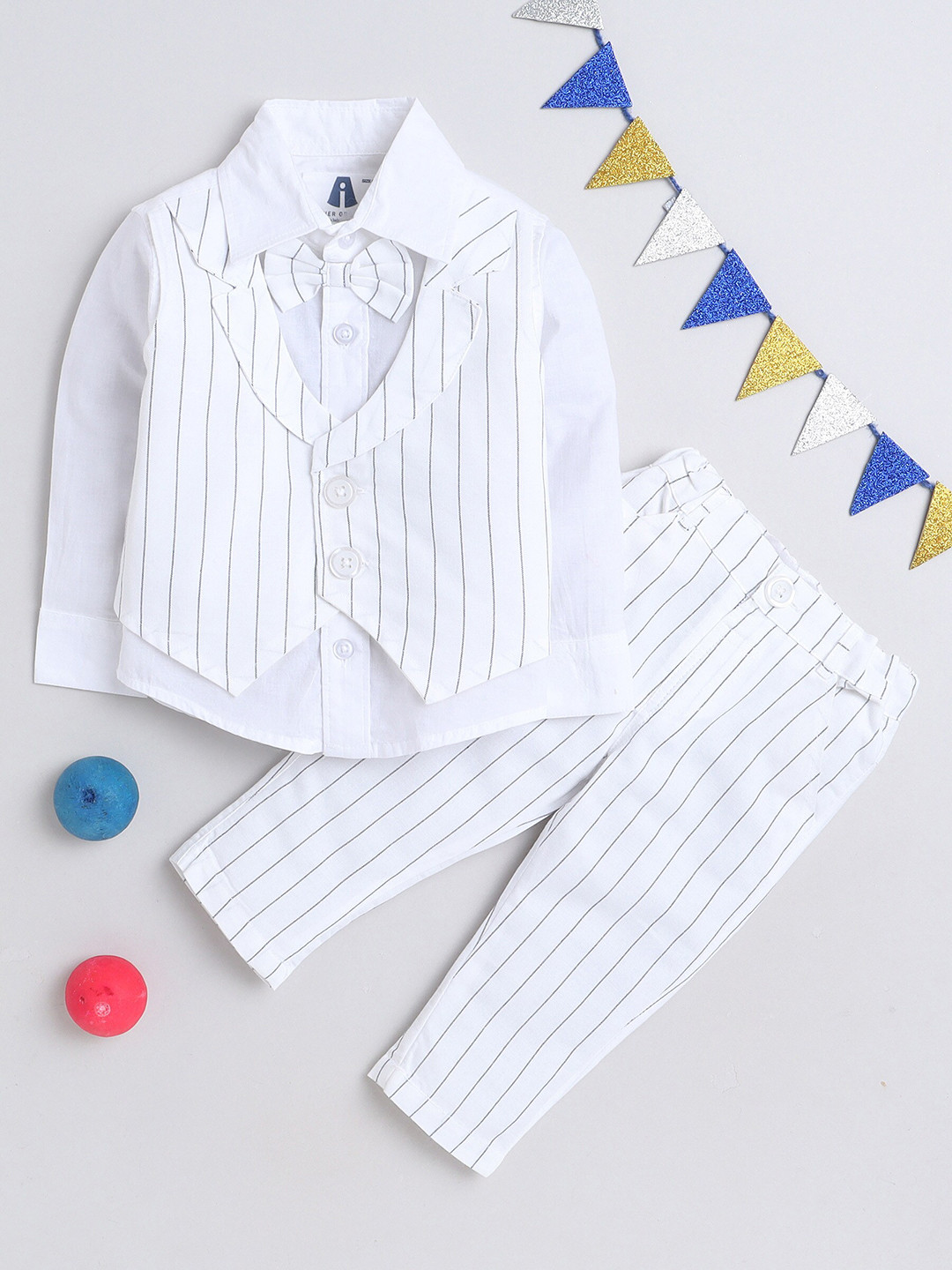 

MANET Boys Striped Pure Cotton Shirt With Trousers & Waistcoat, White