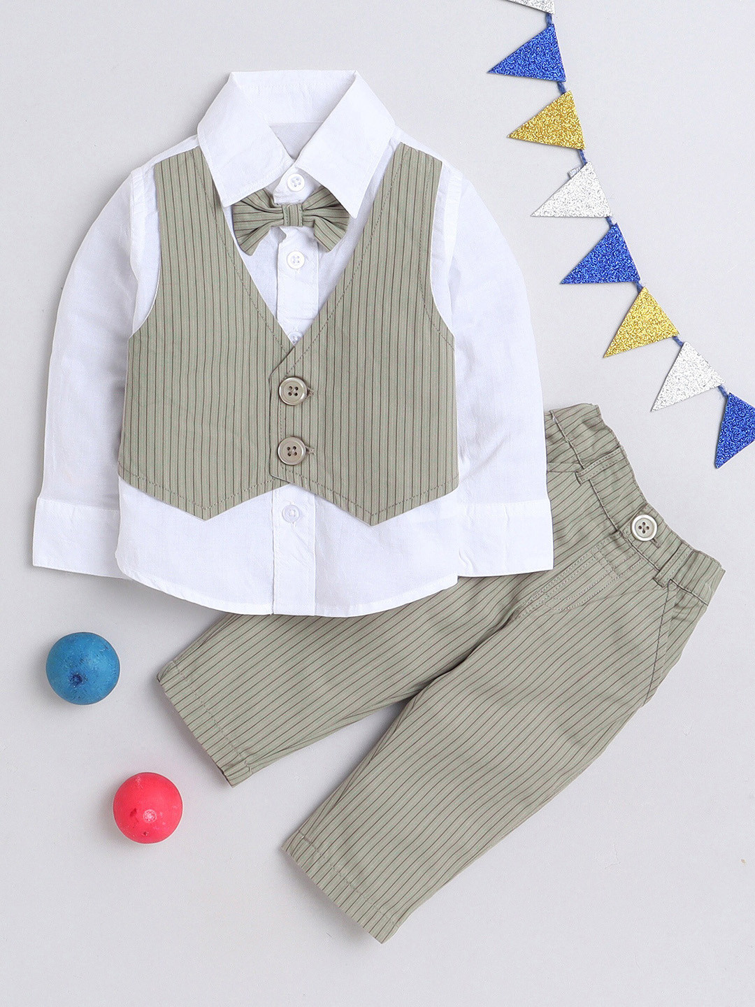 

MANET Boys Striped Pure Cotton Shirt With Trousers & Waistcoat, White