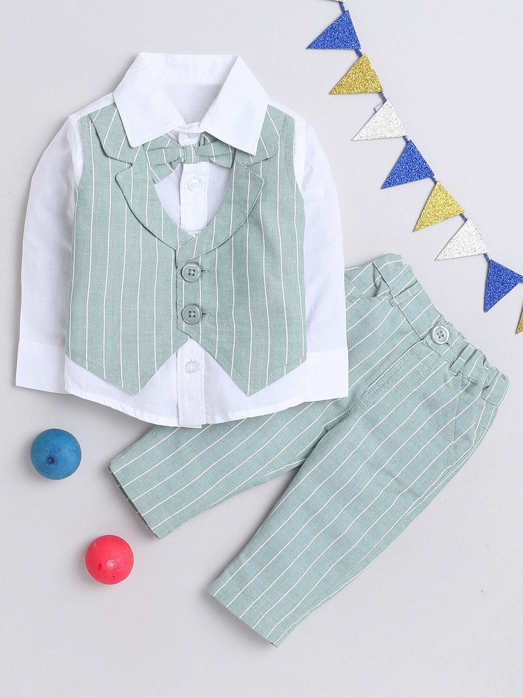 

MANET Boys Striped Shirt Collar Pure Cotton Shirt & Trousers With Waistcoat, Green