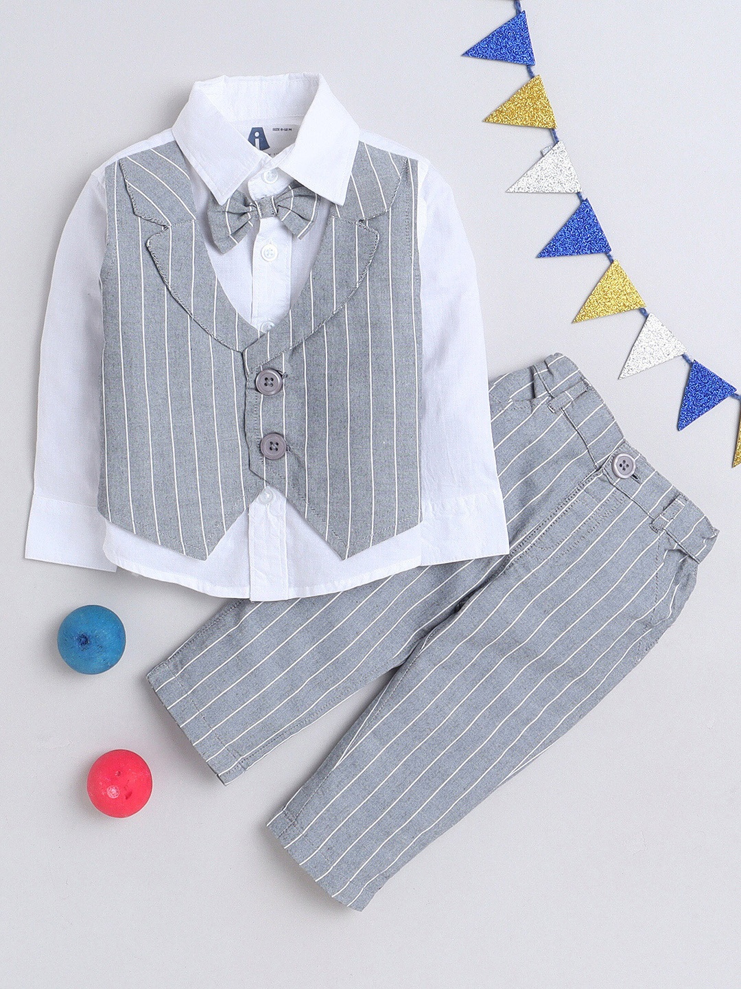 

MANET Boys Striped Pure Cotton Shirt With Trousers & Waistcoat, White