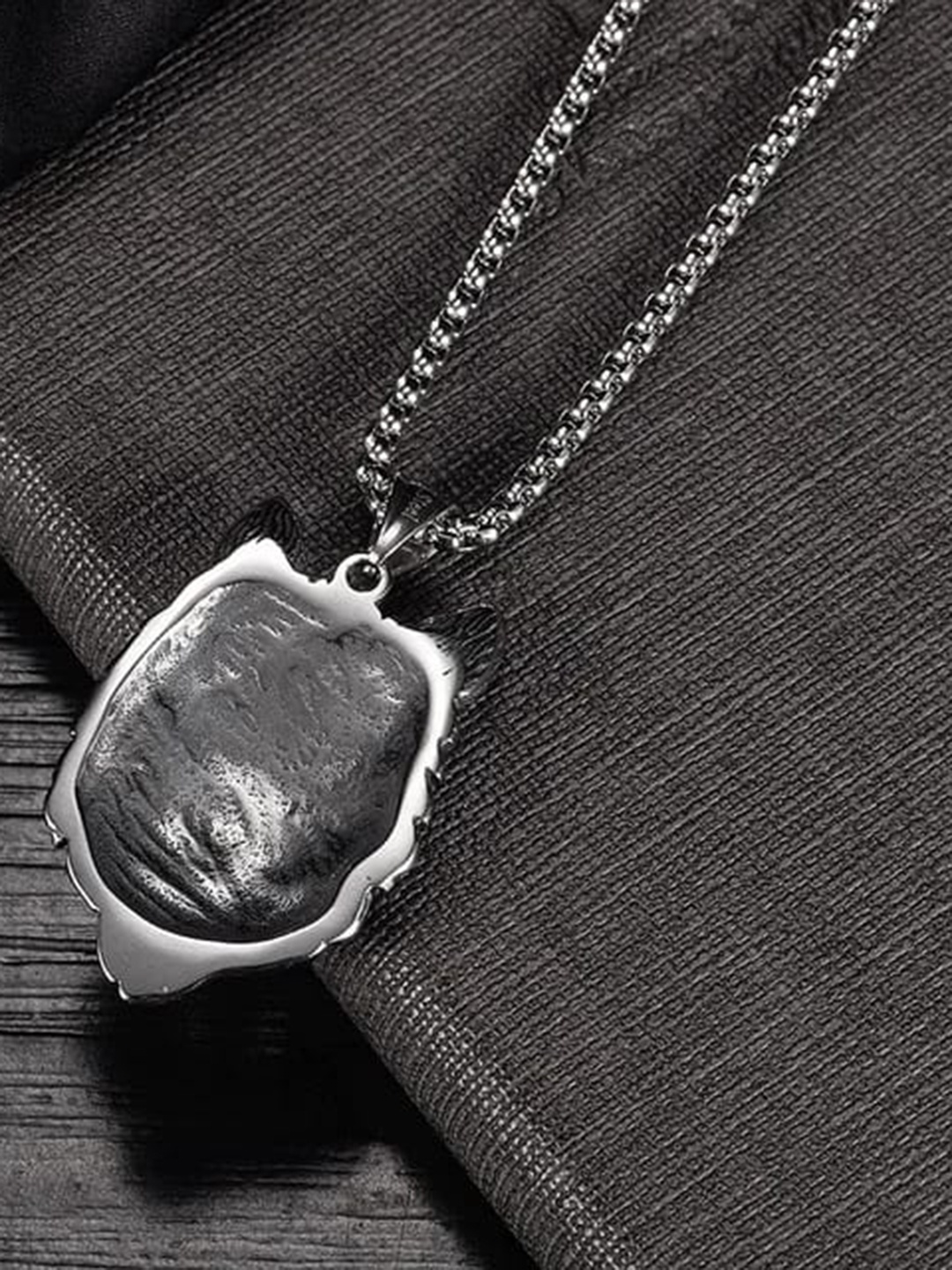 

KRYSTALZ Silver-Plated Spiritual Evil Eye Wolf Head Oxidised Pendant With Chain