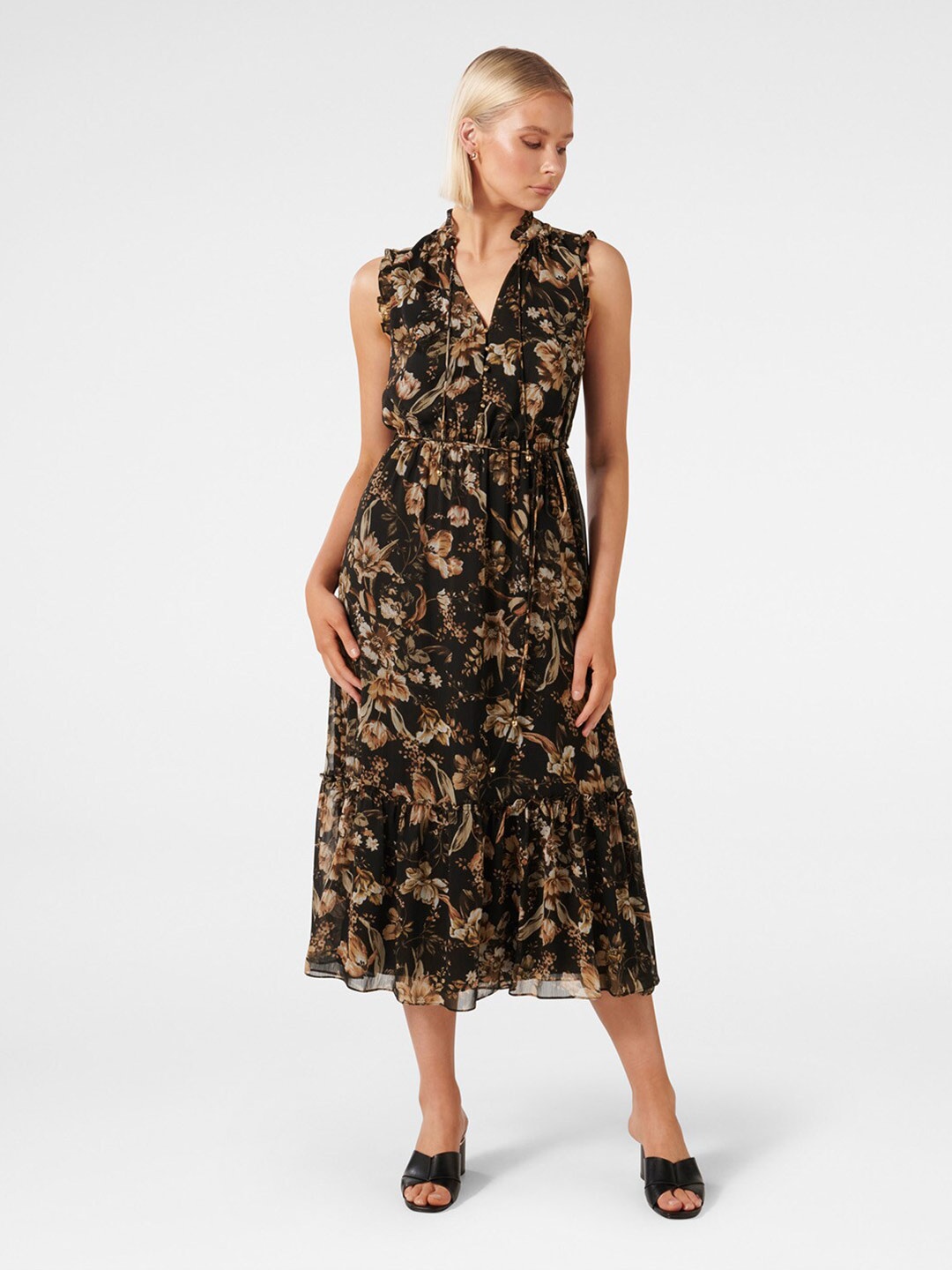

Forever New Floral Printed Tie-Up Neck Sleeveless Gathered Tiered A-Line Midi Dress, Black