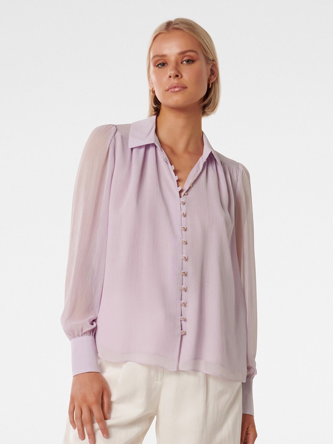 

Forever New Cuffed Sleeves Crepe Shirt Style Top, Lavender