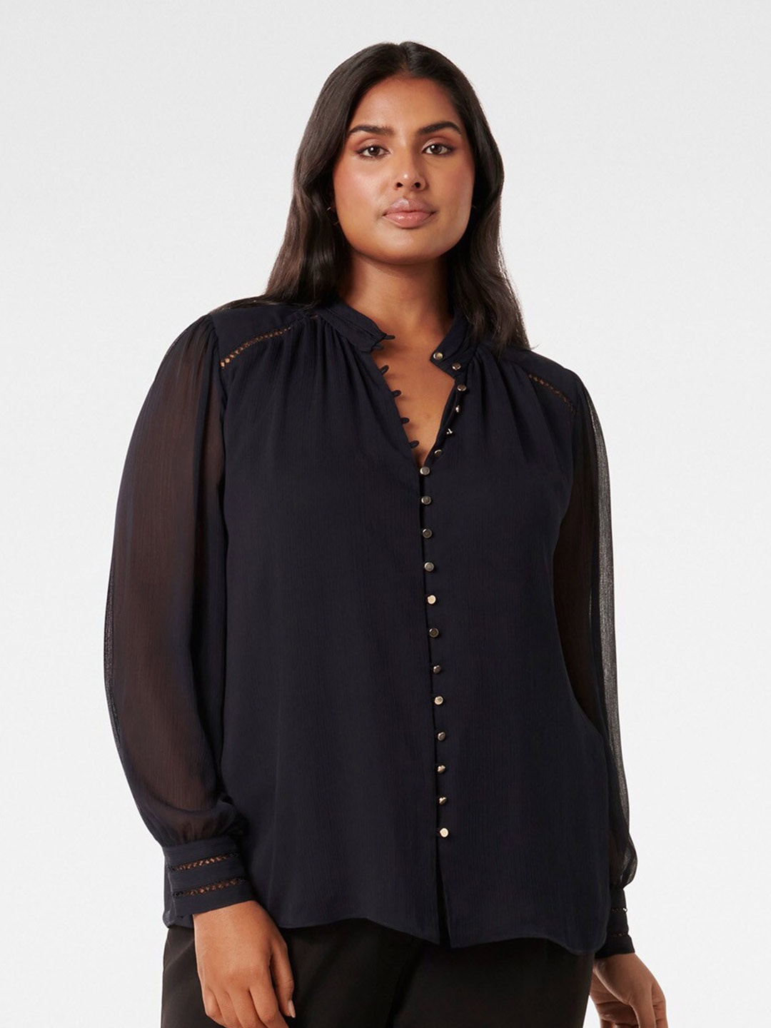 

Forever New Plus Size Mandarin Collar Cuffed Sleeve Shirt Style Top, Navy blue