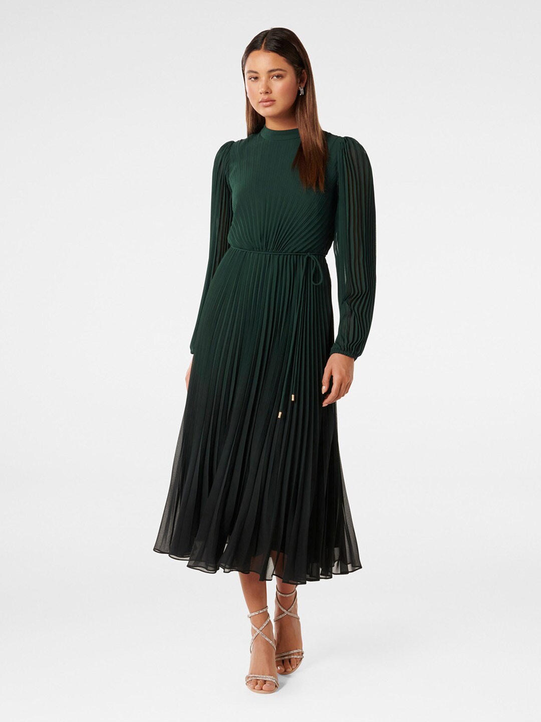 

Forever New High Neck Puff Sleeves Accordion Pleated Fit & Flare Midi Dress, Green