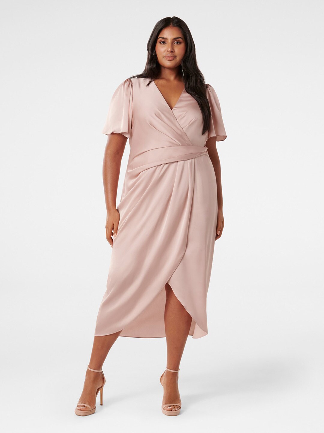 

Forever New Plus Size V-Neck Flutter Sleeve Gathered Wrap Midi Dress, Peach