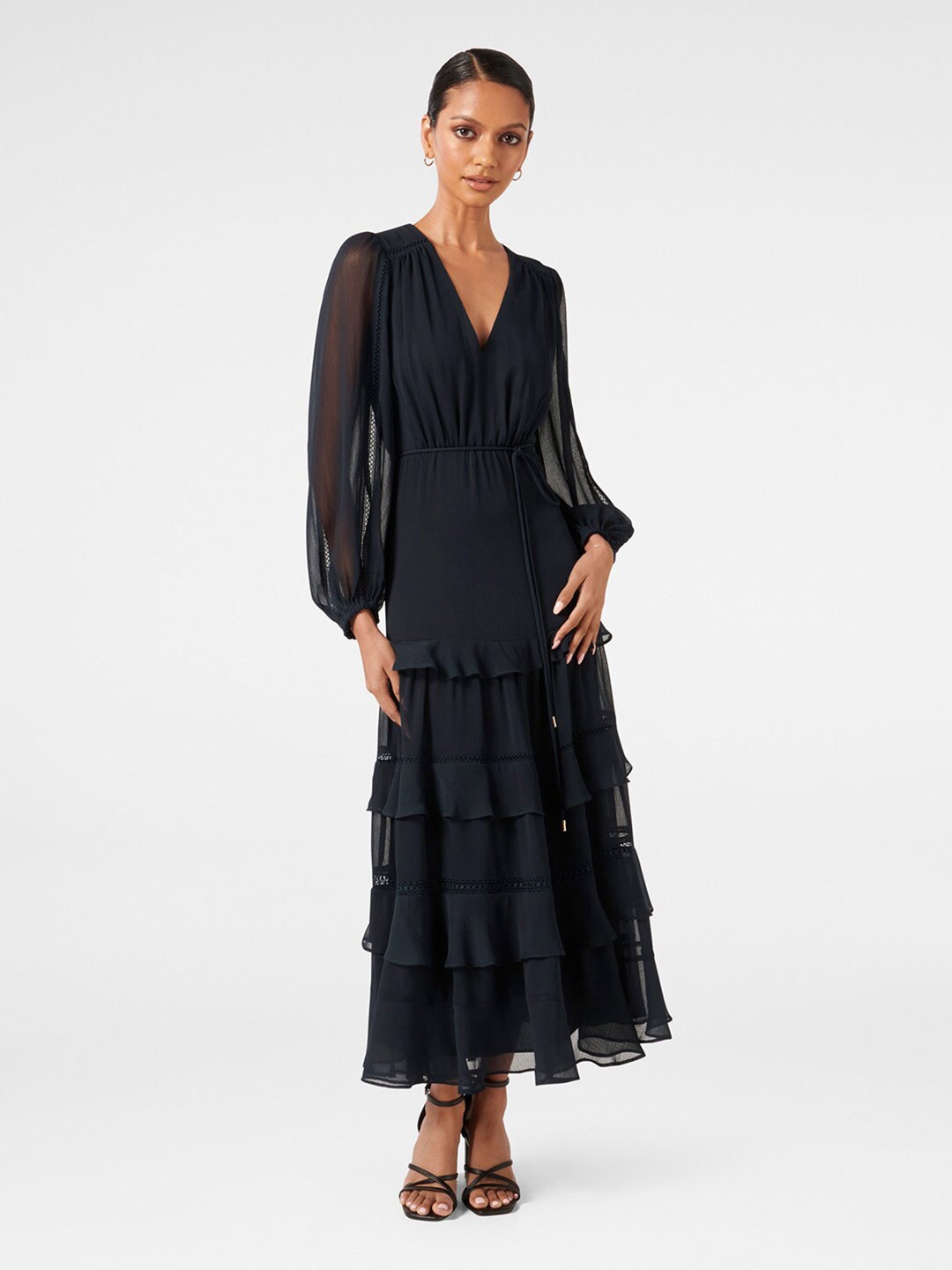 

Forever New V-Neck Puff Sleeves Layered Detailed Fit & Flare Midi Dress With Belt, Navy blue