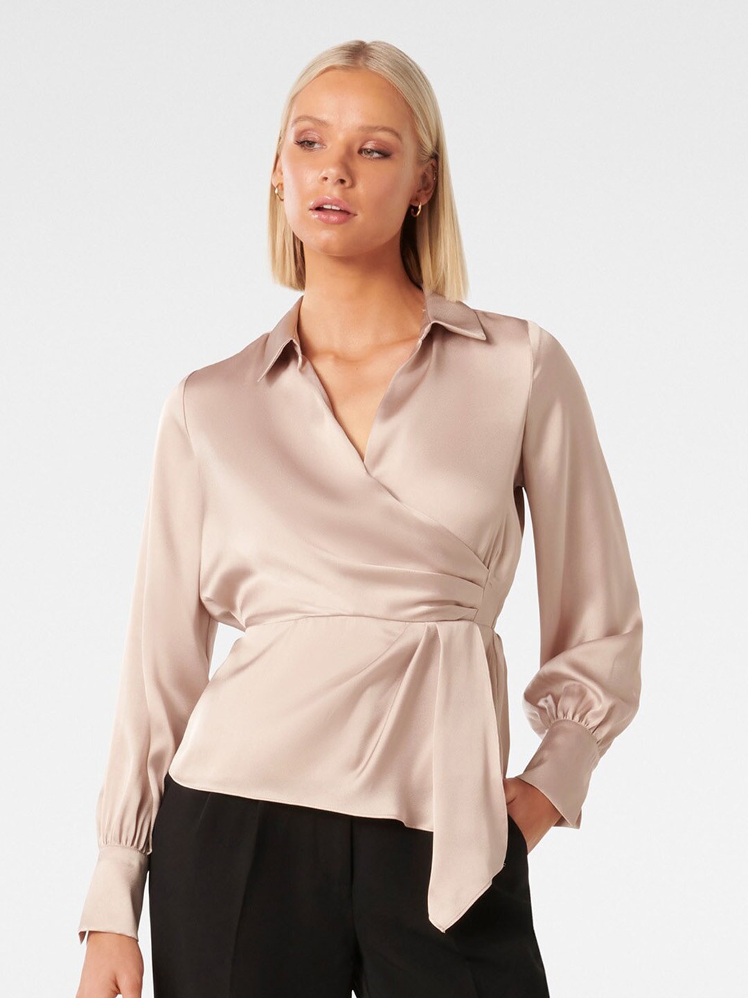 

Forever New Shirt Collar Cuffed Sleeves Satin Wrap Top, Peach