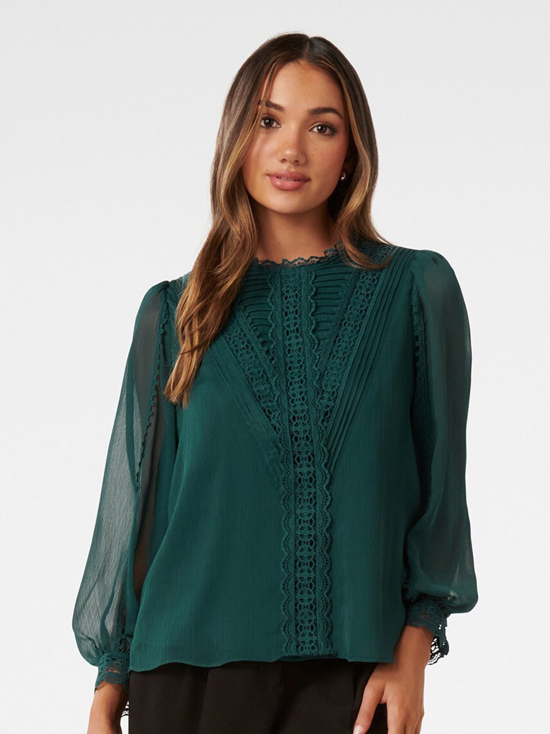 

Forever New Puff Sleeve Lace Insert Top, Green