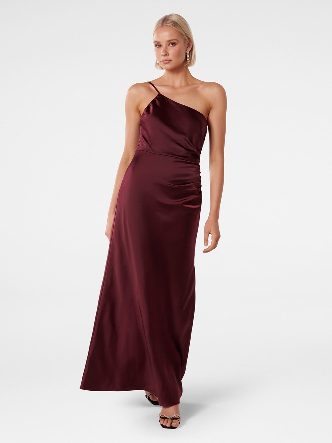 

Forever New One Shoulder Gathered Detailed Satin Maxi Dress, Maroon