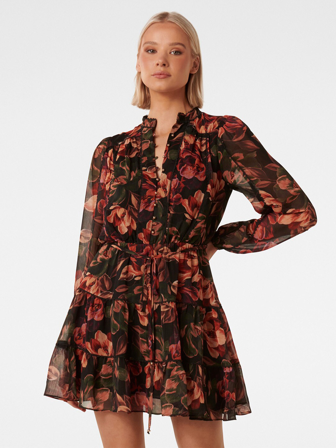 

Forever New Floral Printed Mandarin Collar Cuffed Sleeves Fit & Flare Mini Dress, Black