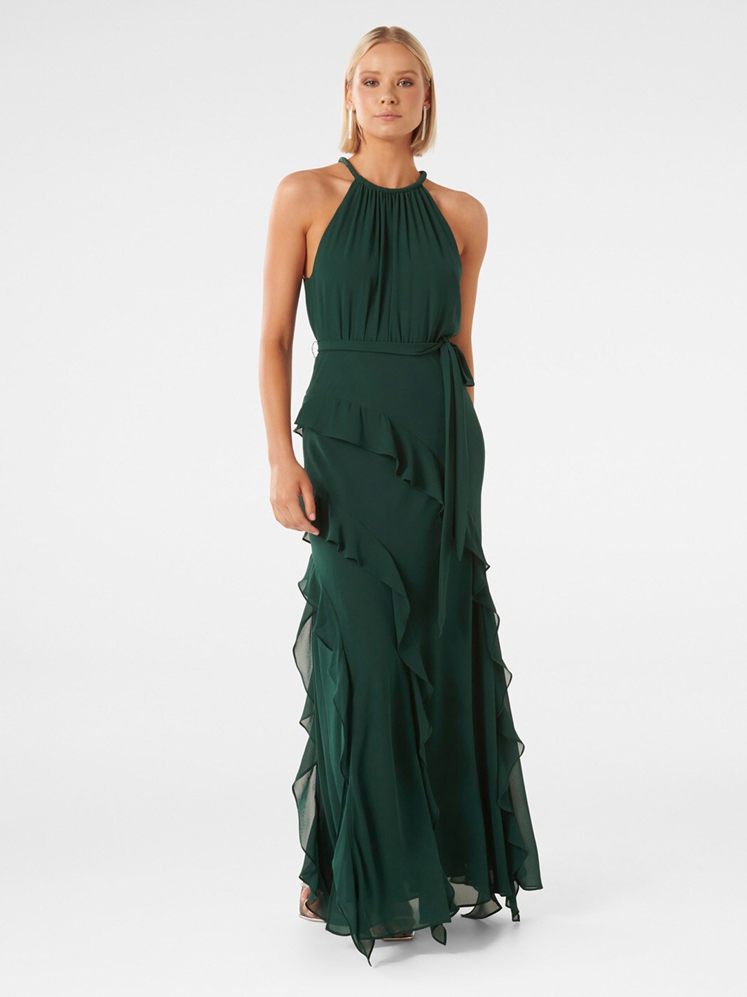 

Forever New Choker Neck Sleeveless Ruffled Maxi Dress, Green